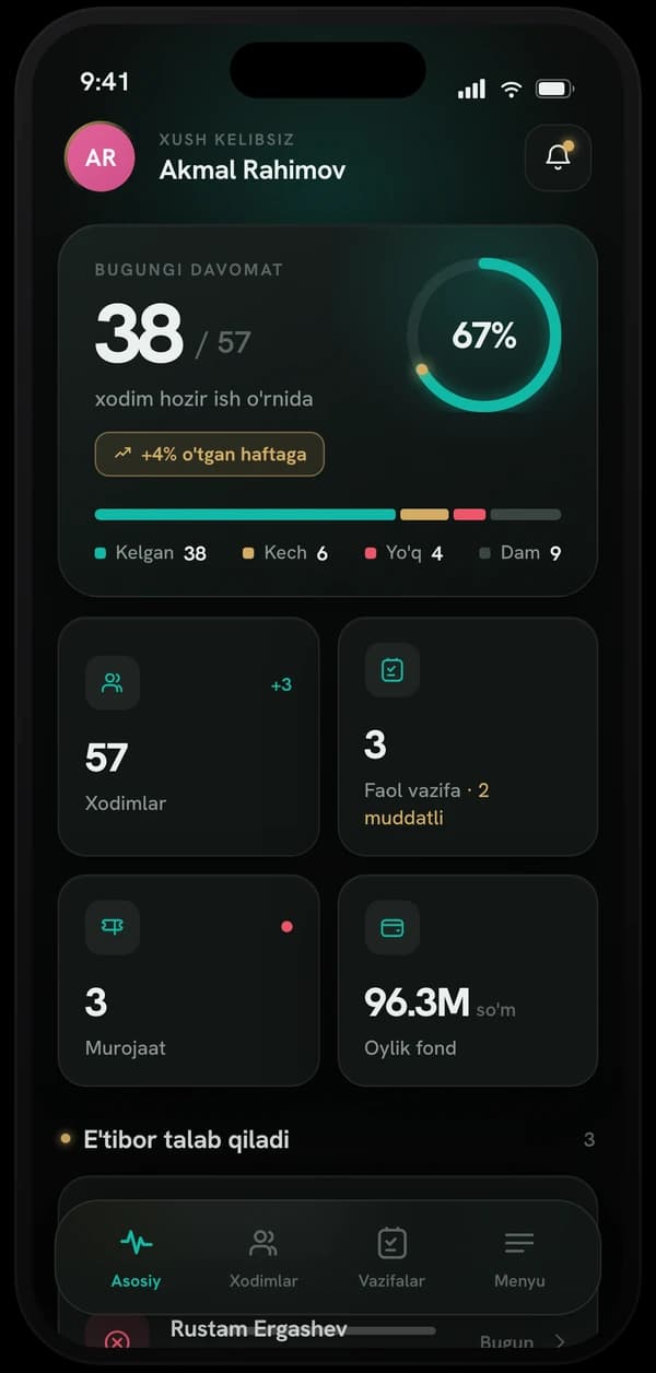 OneWork rahbar uchun mobil ilova